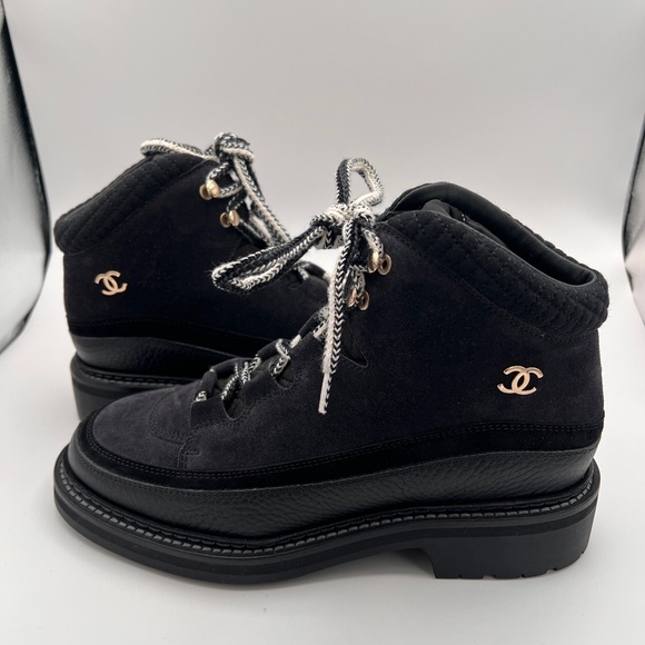 CHANEL Shoes - CHANEL Suede Grained Calfskin CC Lace Up Boots 39 Black